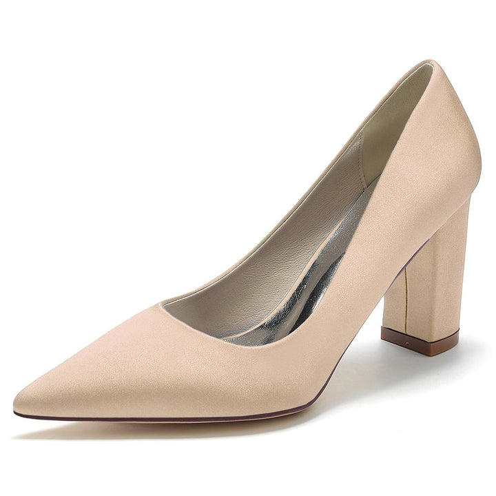 Women's Wedding Shoes White Pointed Toe Block Heel Simple Elegant Bridal Shoes