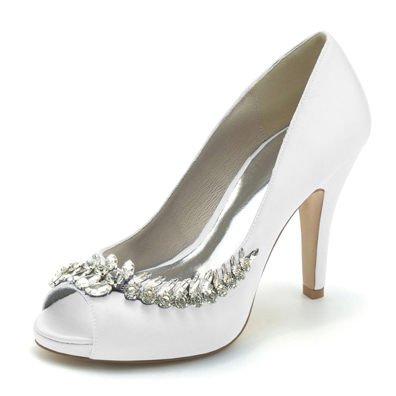 Women's Wedding Shoes White Peep Toe High Heel Luxurious Bridal Shoes with Rhinestone