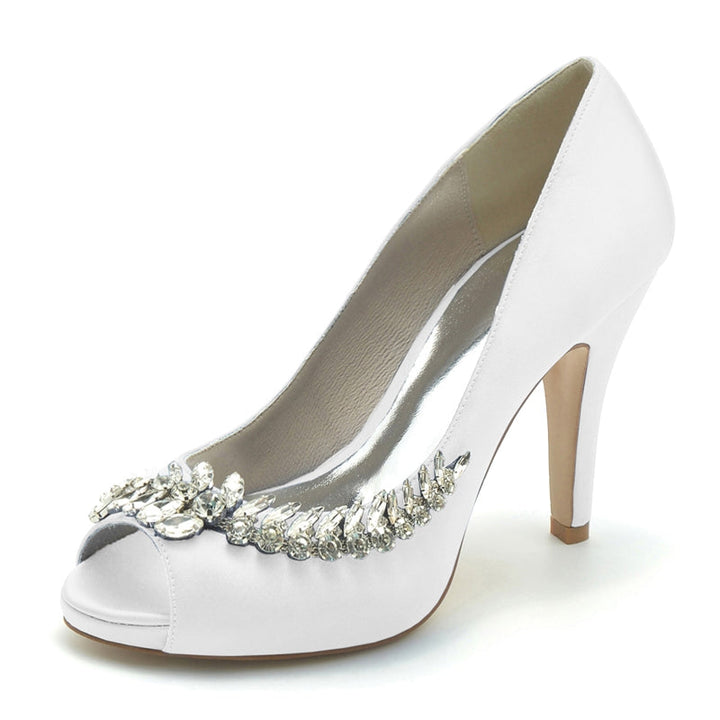 Women's Wedding Shoes White Peep Toe High Heel Luxurious Bridal Shoes with Rhinestone