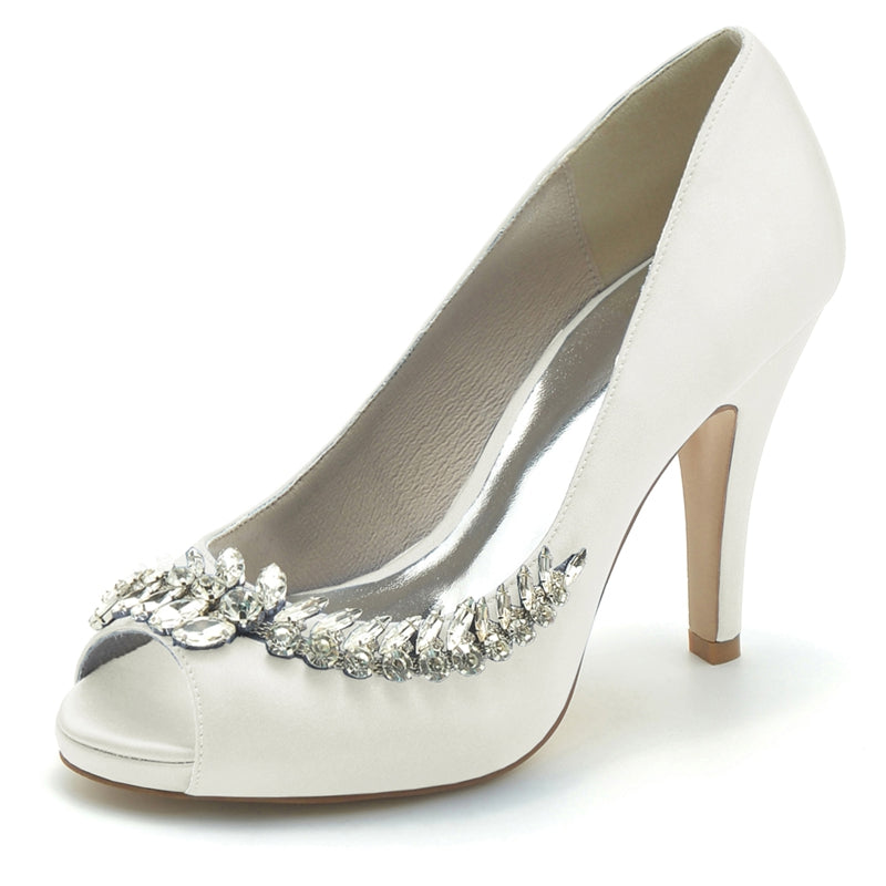 Women's Wedding Shoes White Peep Toe High Heel Luxurious Bridal Shoes with Rhinestone