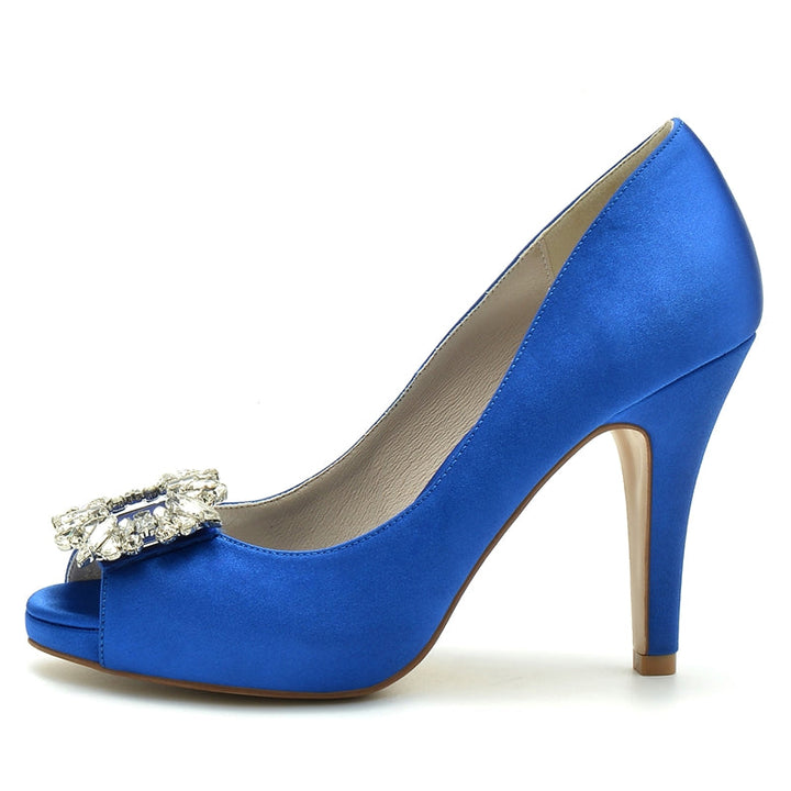 Women's Wedding Shoes Champagne Open Toe Elegant Bridal Shoes with Square Rhinestone