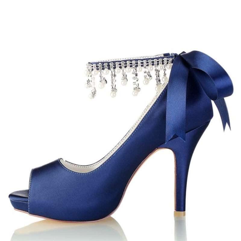 Women's Wedding Shoes Thick Sole Peep Toe Buckle Bridal Shoes with Pearl Tassel & Bow
