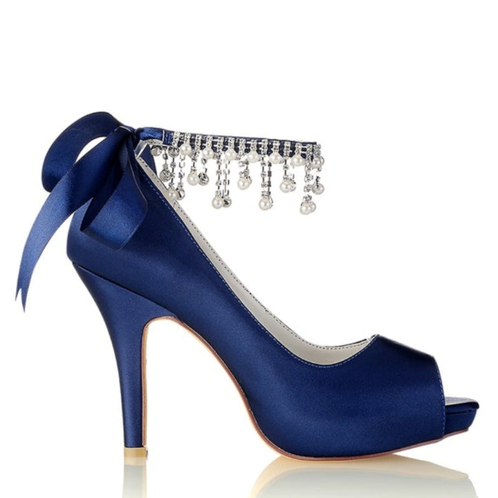 Women's Wedding Shoes Thick Sole Peep Toe Buckle Bridal Shoes with Pearl Tassel & Bow