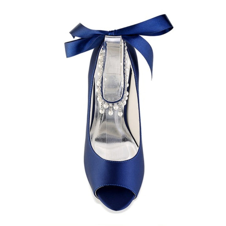 Women's Wedding Shoes Thick Sole Peep Toe Buckle Bridal Shoes with Pearl Tassel & Bow