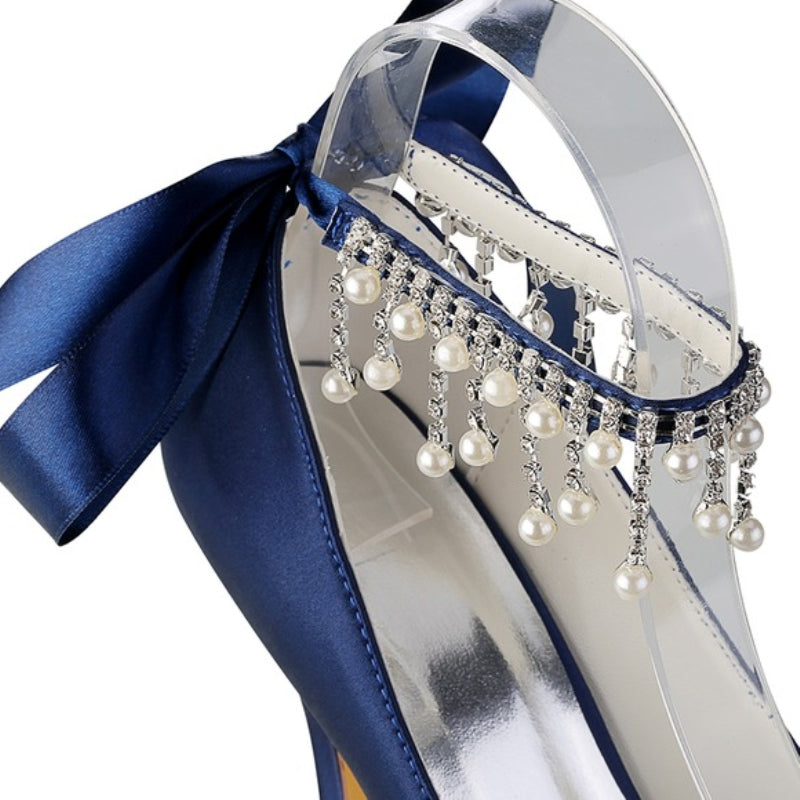 Women's Wedding Shoes Thick Sole Peep Toe Buckle Bridal Shoes with Pearl Tassel & Bow