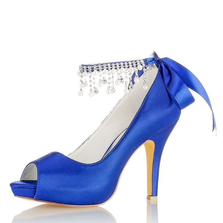 Women's Wedding Shoes Thick Sole Peep Toe Buckle Bridal Shoes with Pearl Tassel & Bow
