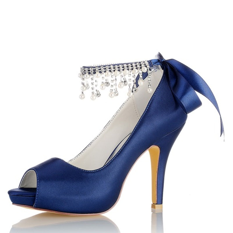 Women's Wedding Shoes Thick Sole Peep Toe Buckle Bridal Shoes with Pearl Tassel & Bow