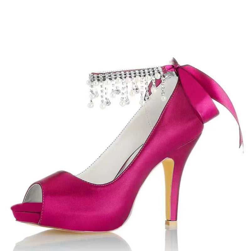 Women's Wedding Shoes Thick Sole Peep Toe Buckle Bridal Shoes with Pearl Tassel & Bow