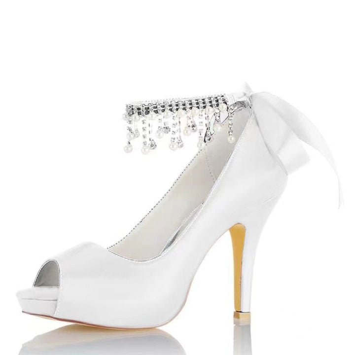 Women's Wedding Shoes Thick Sole Peep Toe Buckle Bridal Shoes with Pearl Tassel & Bow