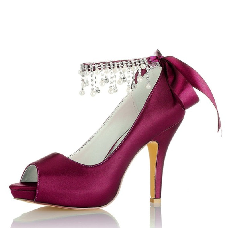 Women's Wedding Shoes Thick Sole Peep Toe Buckle Bridal Shoes with Pearl Tassel & Bow