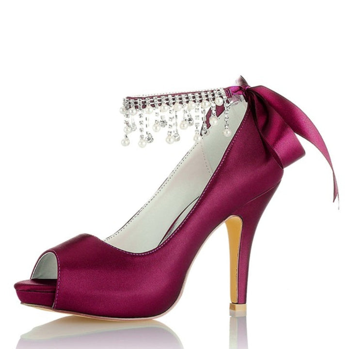Women's Wedding Shoes Thick Sole Peep Toe Buckle Bridal Shoes with Pearl Tassel & Bow