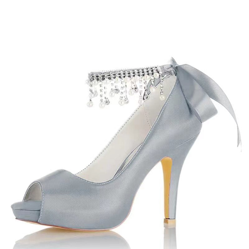 Women's Wedding Shoes Thick Sole Peep Toe Buckle Bridal Shoes with Pearl Tassel & Bow