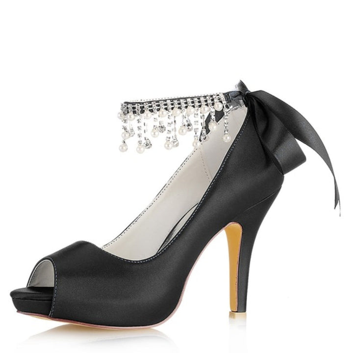 Women's Wedding Shoes Thick Sole Peep Toe Buckle Bridal Shoes with Pearl Tassel & Bow