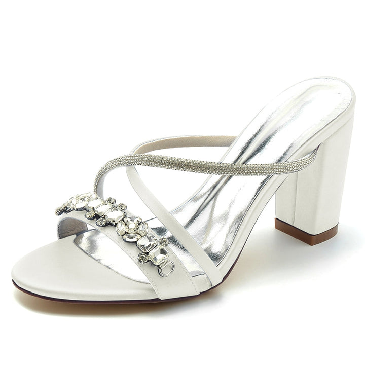 Women's Wedding Shoes Opened Toe Crossed Straps Slip-On Sparkling Bridal Shoes with Rhinestone