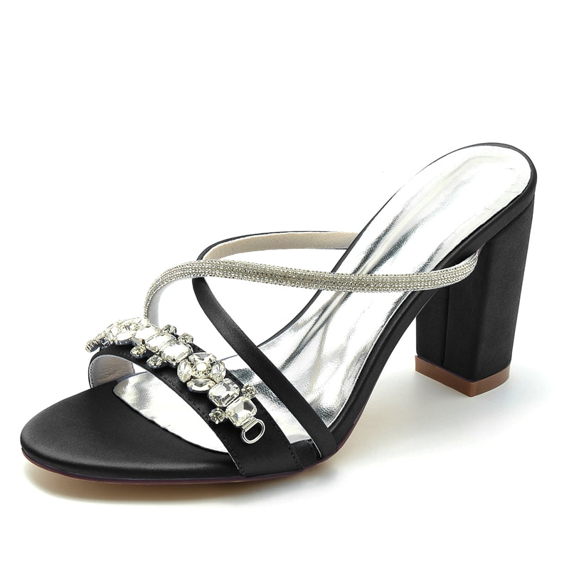 Women's Wedding Shoes Opened Toe Crossed Straps Slip-On Sparkling Bridal Shoes with Rhinestone