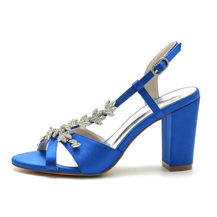 Women's Wedding Shoes Opened Toe Block Heel Rhinestone Leaves Elegant Bridal Shoes