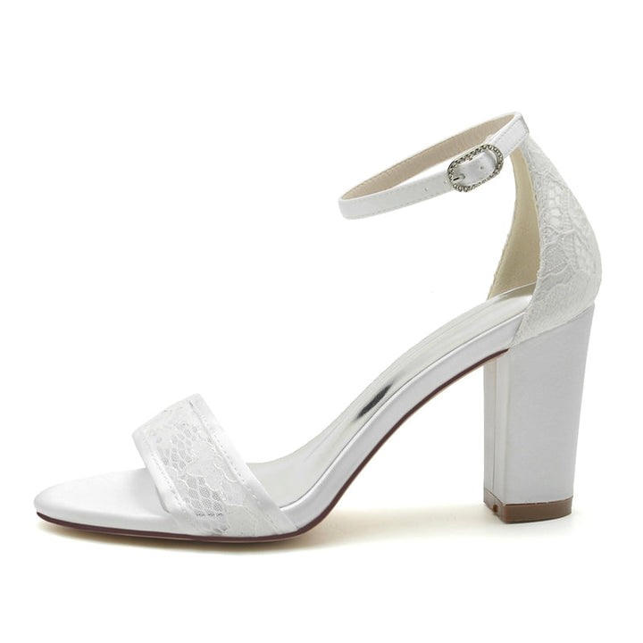 Women's Wedding Shoes Black Opened Toe Chunky Heel Exquisite Lace Buckle Bridal Shoes