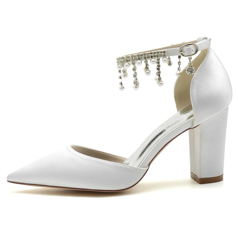 Women's Wedding Shoes Pointed Toe Block Heel Graceful Buckle Bridal Shoes with Pearl Tassels