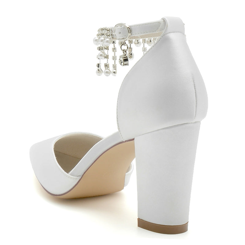 Women's Wedding Shoes Pointed Toe Block Heel Graceful Buckle Bridal Shoes with Pearl Tassels