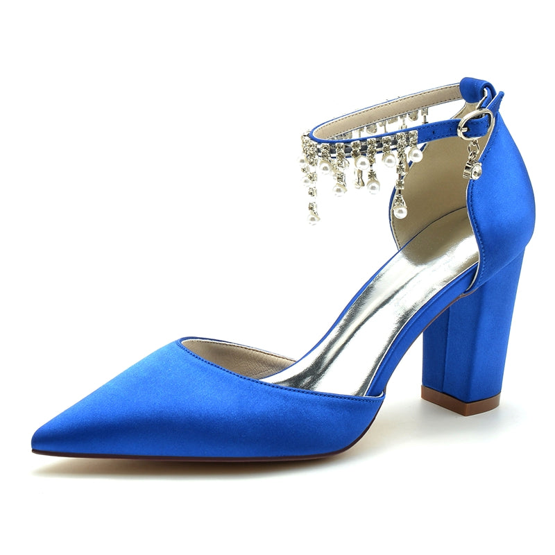 Women's Wedding Shoes Pointed Toe Block Heel Graceful Buckle Bridal Shoes with Pearl Tassels