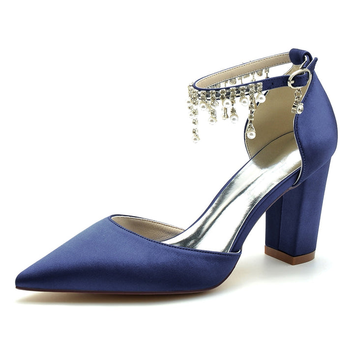 Women's Wedding Shoes Pointed Toe Block Heel Graceful Buckle Bridal Shoes with Pearl Tassels