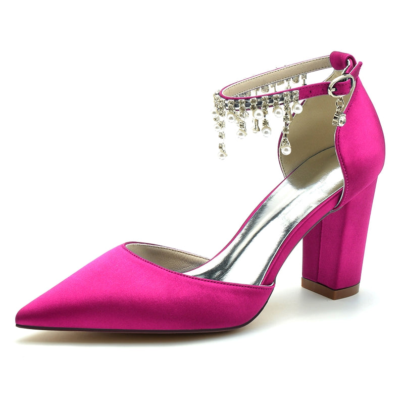 Women's Wedding Shoes Pointed Toe Block Heel Graceful Buckle Bridal Shoes with Pearl Tassels