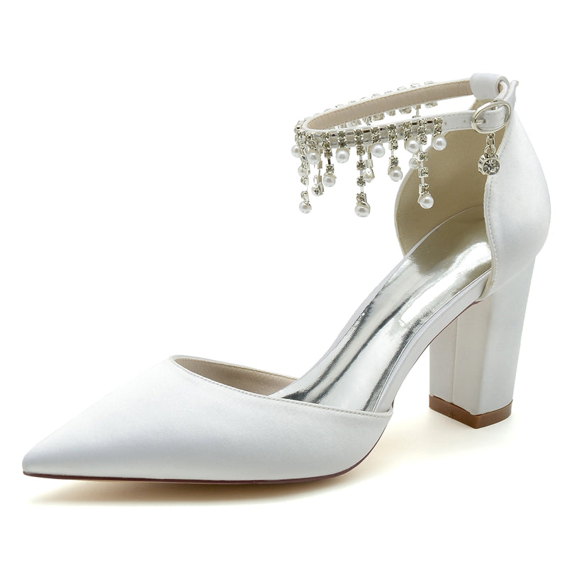 Women's Wedding Shoes Pointed Toe Block Heel Graceful Buckle Bridal Shoes with Pearl Tassels