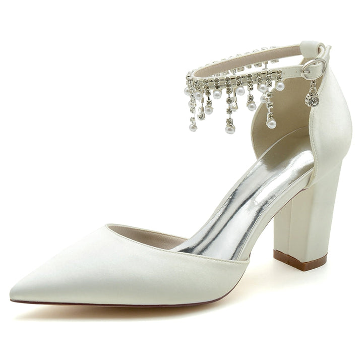 Women's Wedding Shoes Pointed Toe Block Heel Graceful Buckle Bridal Shoes with Pearl Tassels