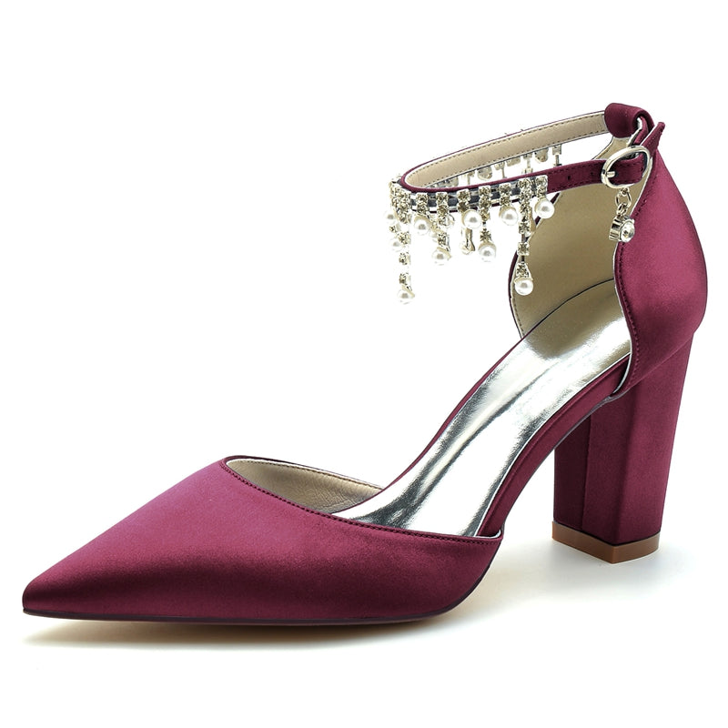 Women's Wedding Shoes Pointed Toe Block Heel Graceful Buckle Bridal Shoes with Pearl Tassels