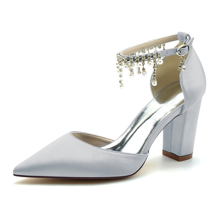Women's Wedding Shoes Pointed Toe Block Heel Graceful Buckle Bridal Shoes with Pearl Tassels