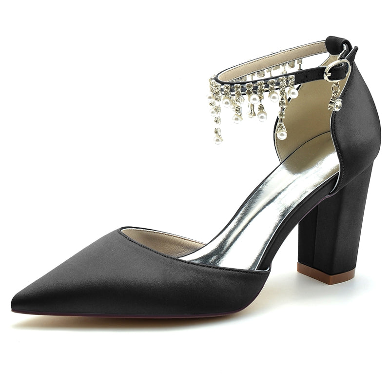 Women's Wedding Shoes Pointed Toe Block Heel Graceful Buckle Bridal Shoes with Pearl Tassels