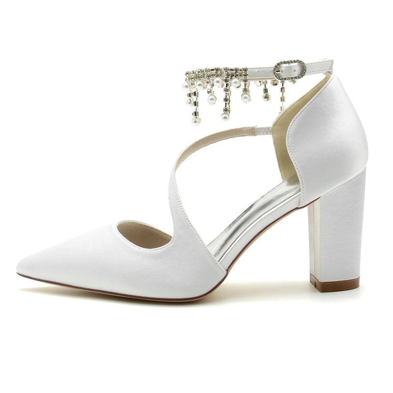 Women's Wedding Shoes Pointed Toe Crossed Strap Buckle Bridal Shoes with Pearl Tassels