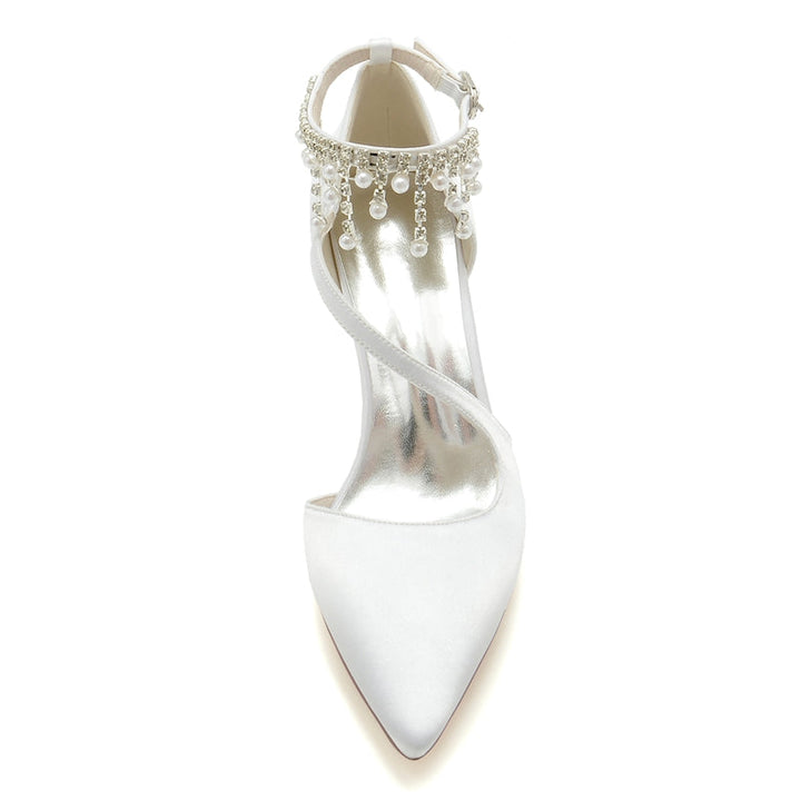 Women's Wedding Shoes Pointed Toe Crossed Strap Buckle Bridal Shoes with Pearl Tassels