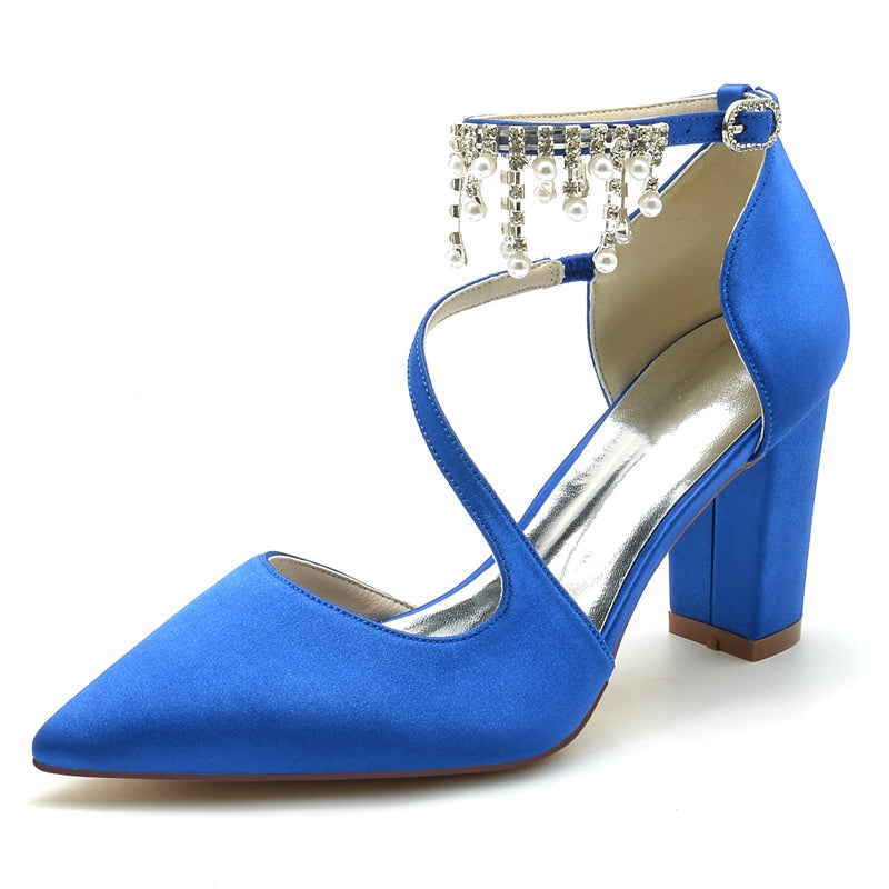 Women's Wedding Shoes Pointed Toe Crossed Strap Buckle Bridal Shoes with Pearl Tassels