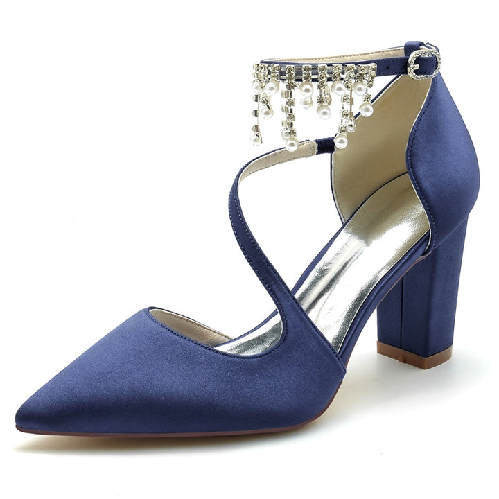 Women's Wedding Shoes Pointed Toe Crossed Strap Buckle Bridal Shoes with Pearl Tassels