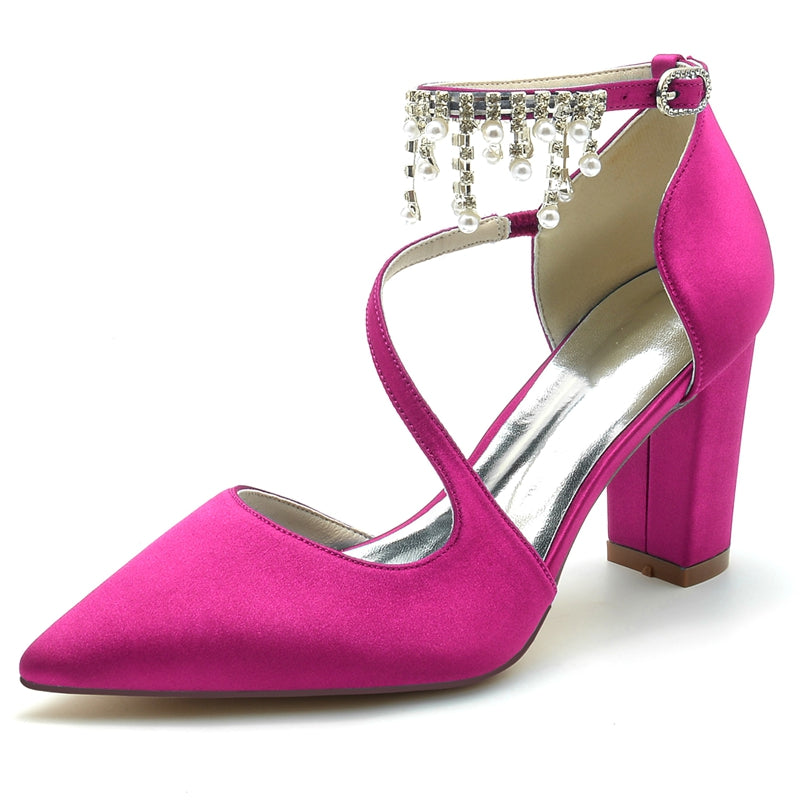 Women's Wedding Shoes Pointed Toe Crossed Strap Buckle Bridal Shoes with Pearl Tassels