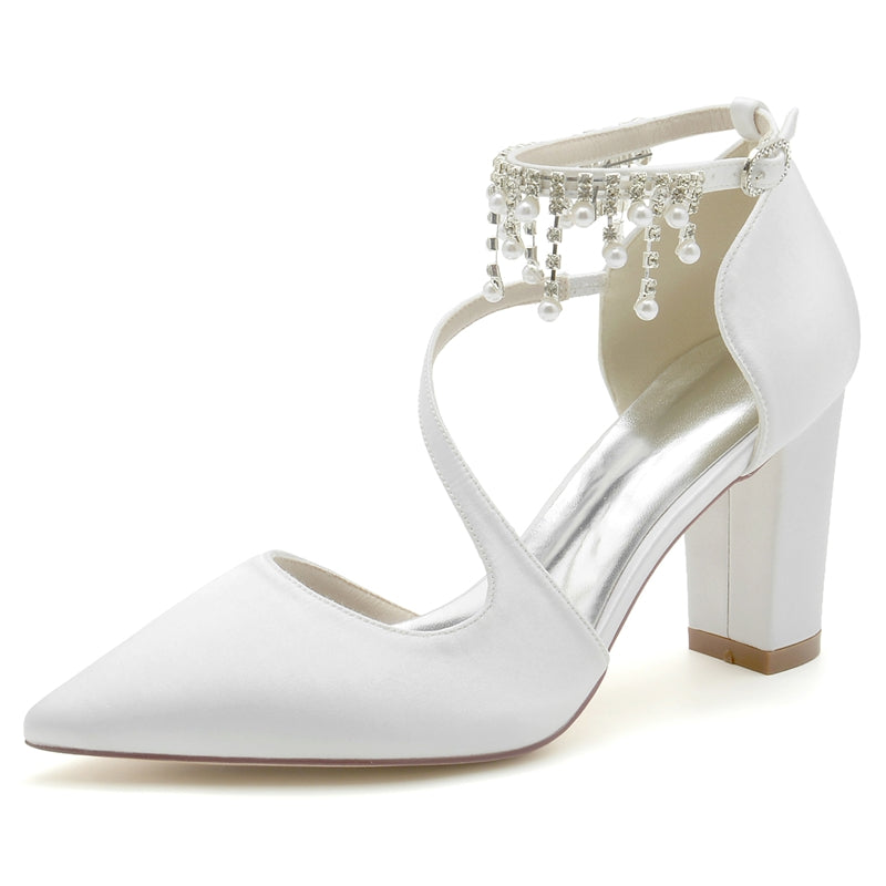 Women's Wedding Shoes Pointed Toe Crossed Strap Buckle Bridal Shoes with Pearl Tassels