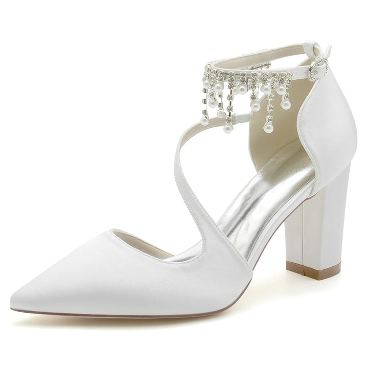 Women's Wedding Shoes Pointed Toe Crossed Strap Buckle Bridal Shoes with Pearl Tassels