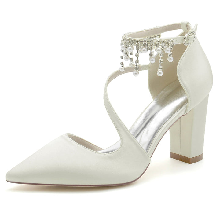 Women's Wedding Shoes Pointed Toe Crossed Strap Buckle Bridal Shoes with Pearl Tassels