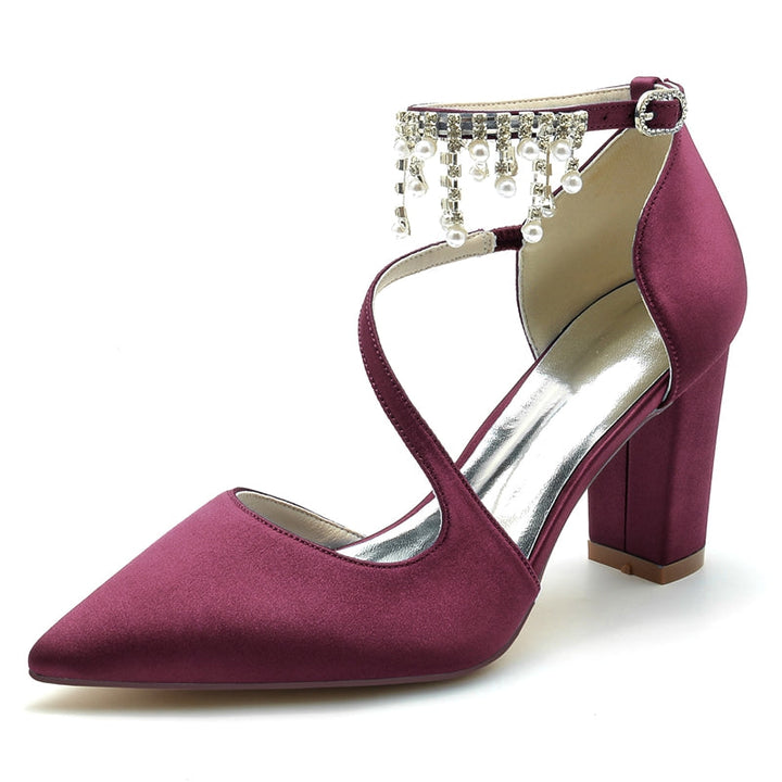 Women's Wedding Shoes Pointed Toe Crossed Strap Buckle Bridal Shoes with Pearl Tassels