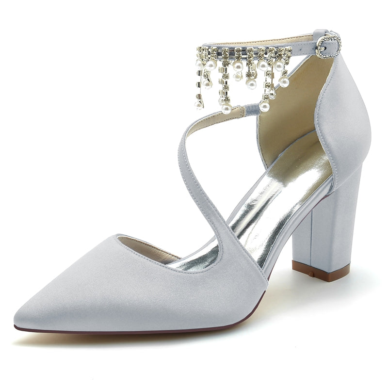 Women's Wedding Shoes Pointed Toe Crossed Strap Buckle Bridal Shoes with Pearl Tassels
