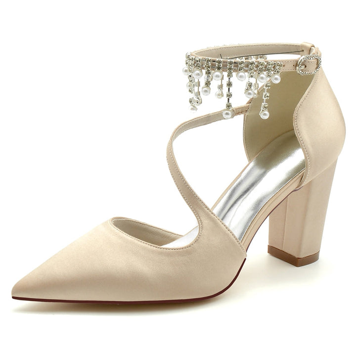 Women's Wedding Shoes Pointed Toe Crossed Strap Buckle Bridal Shoes with Pearl Tassels