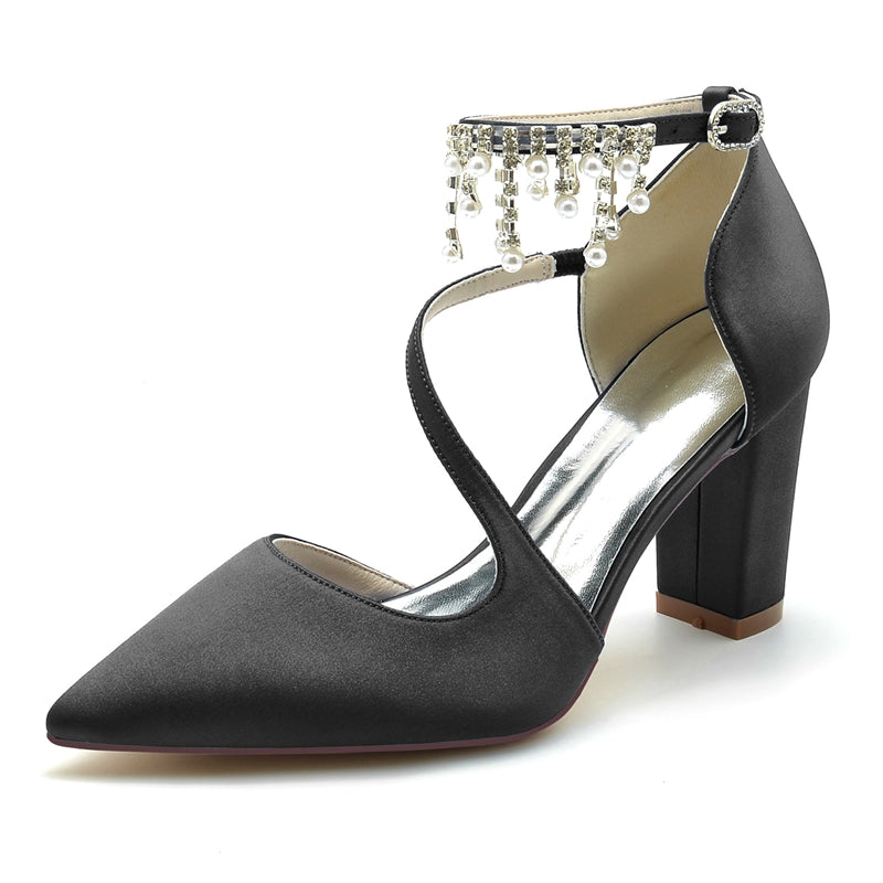 Women's Wedding Shoes Pointed Toe Crossed Strap Buckle Bridal Shoes with Pearl Tassels