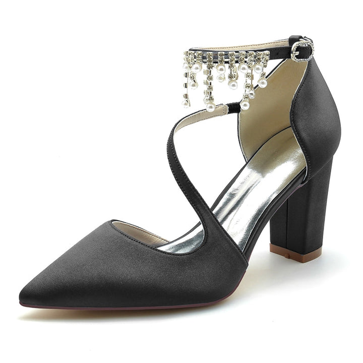 Women's Wedding Shoes Pointed Toe Crossed Strap Buckle Bridal Shoes with Pearl Tassels