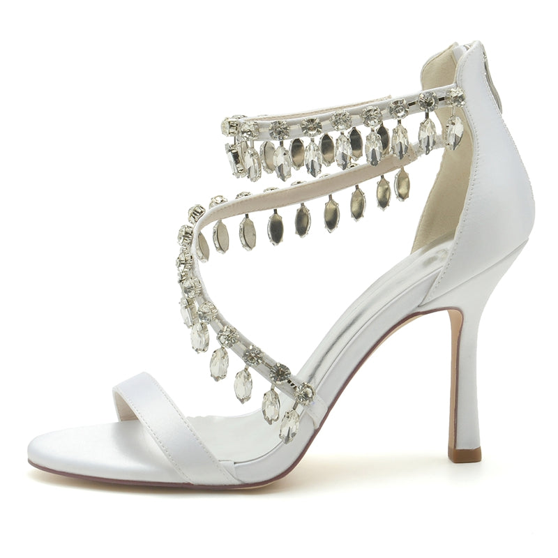Women's Wedding Shoes Opened Toe Crossed Strap Buckle Bridal Shoes with Rhinestone Pendants