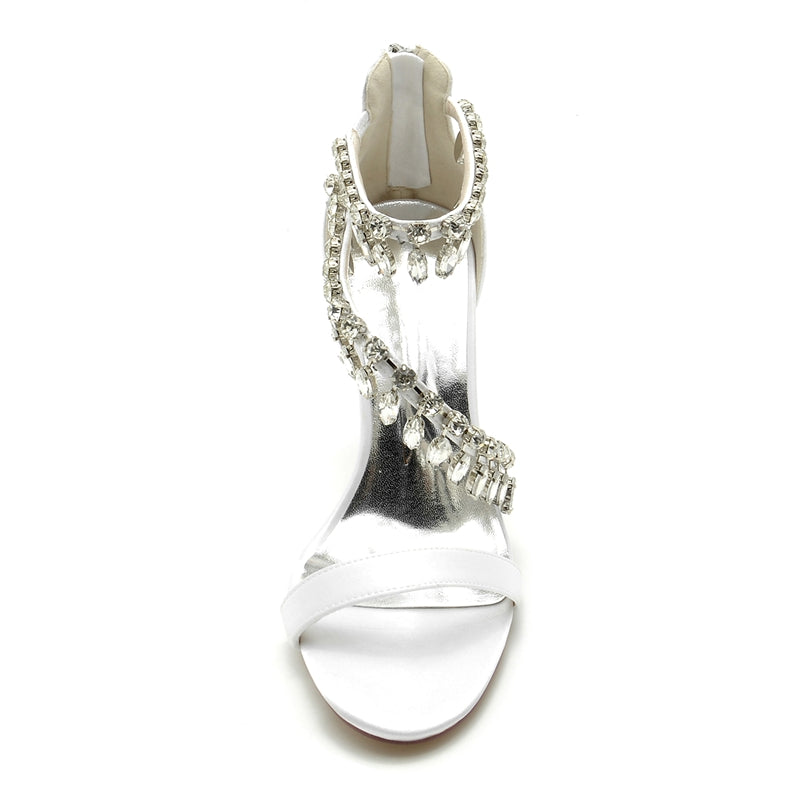 Women's Wedding Shoes Opened Toe Crossed Strap Buckle Bridal Shoes with Rhinestone Pendants