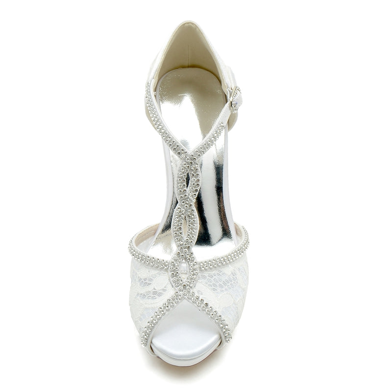 Women's Wedding Shoes Peep Toe High Heel Crossed Crystal Straps Lace Buckle Bridal Shoes