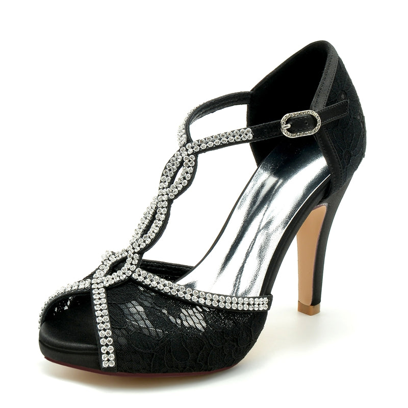 Women's Wedding Shoes Peep Toe High Heel Crossed Crystal Straps Lace Buckle Bridal Shoes