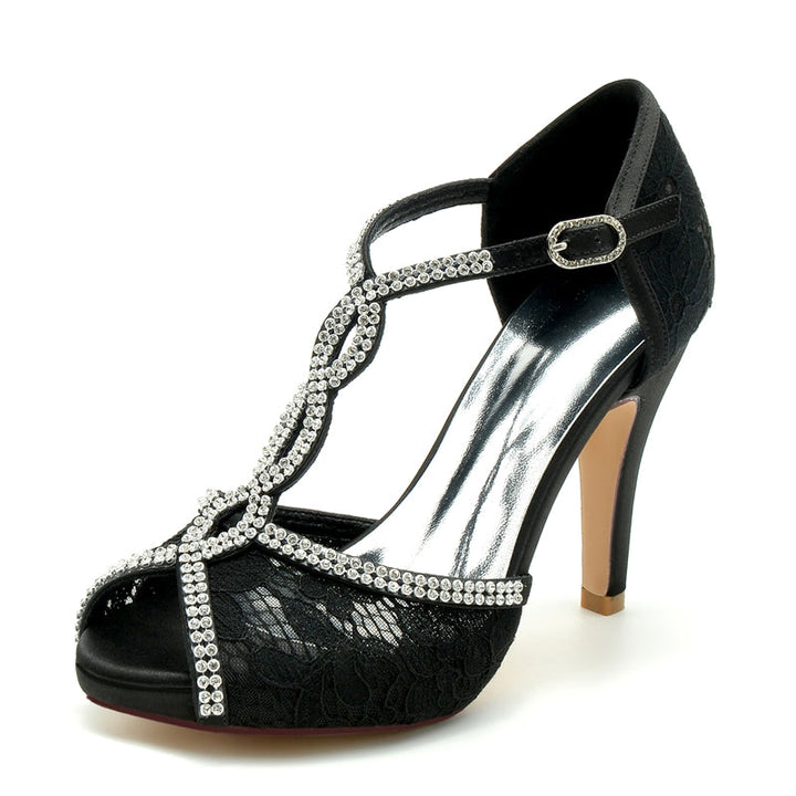Women's Wedding Shoes Peep Toe High Heel Crossed Crystal Straps Lace Buckle Bridal Shoes