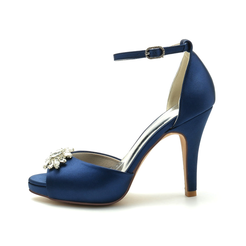 Women's Wedding Shoes Thick Sole Peep Toe Stiletto Heel Buckle Bridal Shoes with Rhinestone